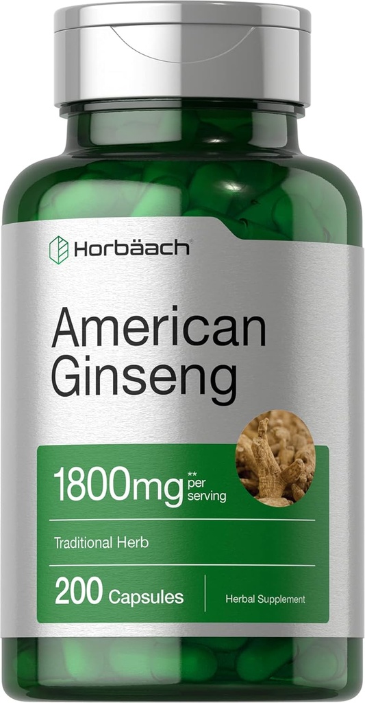 Horbäach Capsules de ginseng américain , 1800 mg 200 Count , Supplément sans gluten , Complexe d'extrait de racine de ginseng