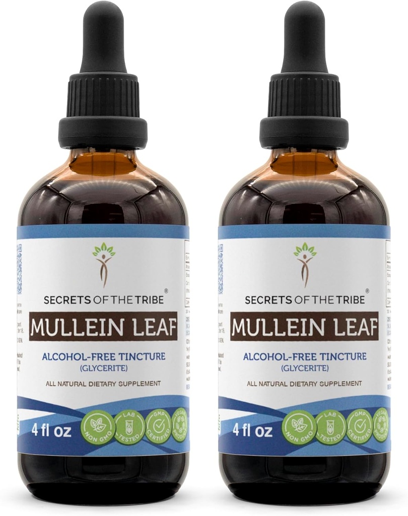 Secrets de la tribu Mullein Leaf Extrait liquide sans alcool, Mullein (Verbascum thapsus) Supplément de teinture (2x4 FL OZ)
