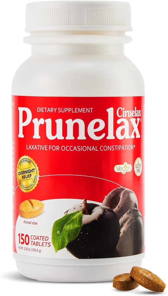 Prunelax Ciruelax Comprimés laxatifs à force régulière - Laxatifs à base d'ingrédients naturels pour la constipation occasionnelle, le soulagement de nuit prévisible avec des extraits de feuilles de Senna, 8-12 Hr à action rapide - 150ct