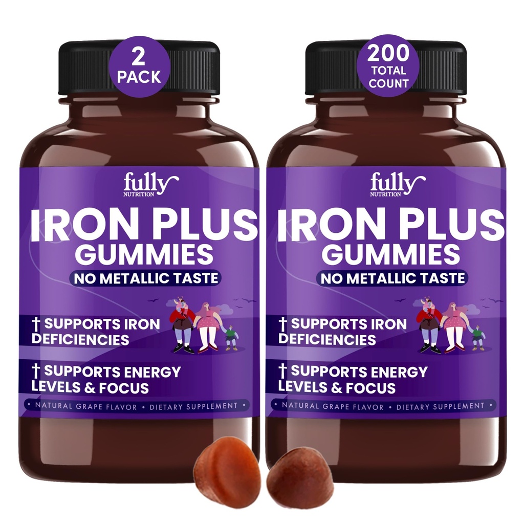 Suppléments de gommies de fer pour adultes (femmes, hommes) et enfants – Saveur de raisin- soutient l'anémie, l'énergie et les niveaux de concentration – 200 comte