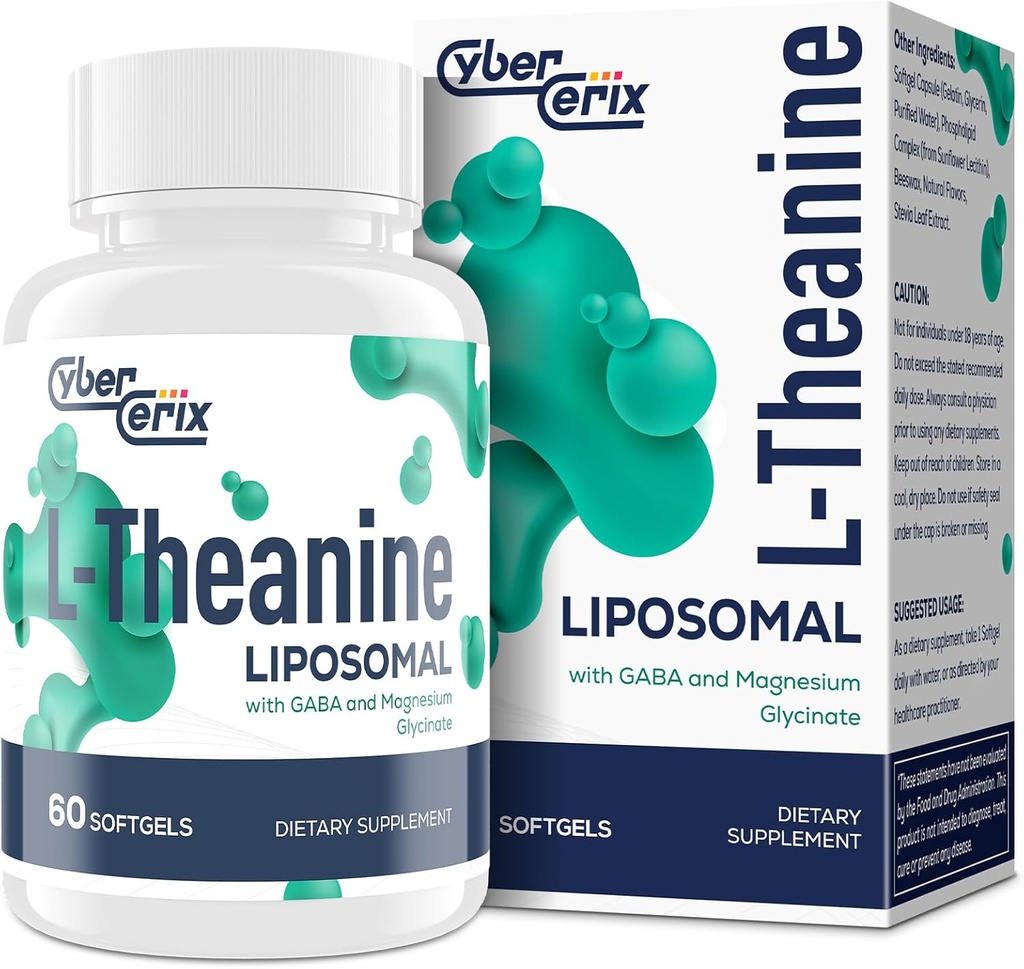 Liposomale L-Theanine 500mg, Complexe avec GABA 200mg & Magnésium 100mg, Supplément de force supplémentaire pour calme, relaxation et focus, sans gluten - 60 Capsules