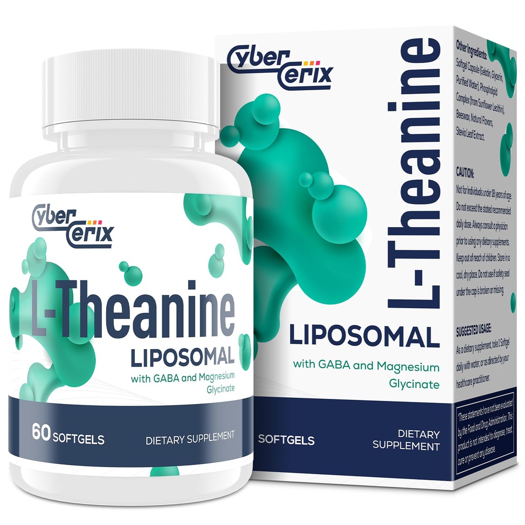 Liposomale L-Theanine 500mg, Complexe avec GABA 200mg & Magnésium 100mg, Supplément de force supplémentaire pour calme, relaxation et focus, sans gluten - 60 Capsules