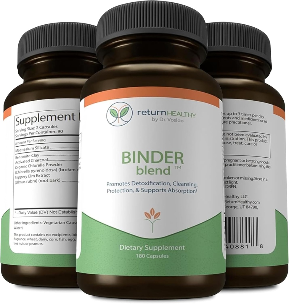 Mélange de Binder - Supplément de Binder à la Toxine, Capsules de détox pour un Gut sain - 180 Capsules - 90 Portions - 960mg Charbon activé et 480mg Chlorelle organique - Bloating Relief - Bentonite Clay, 3 Pack