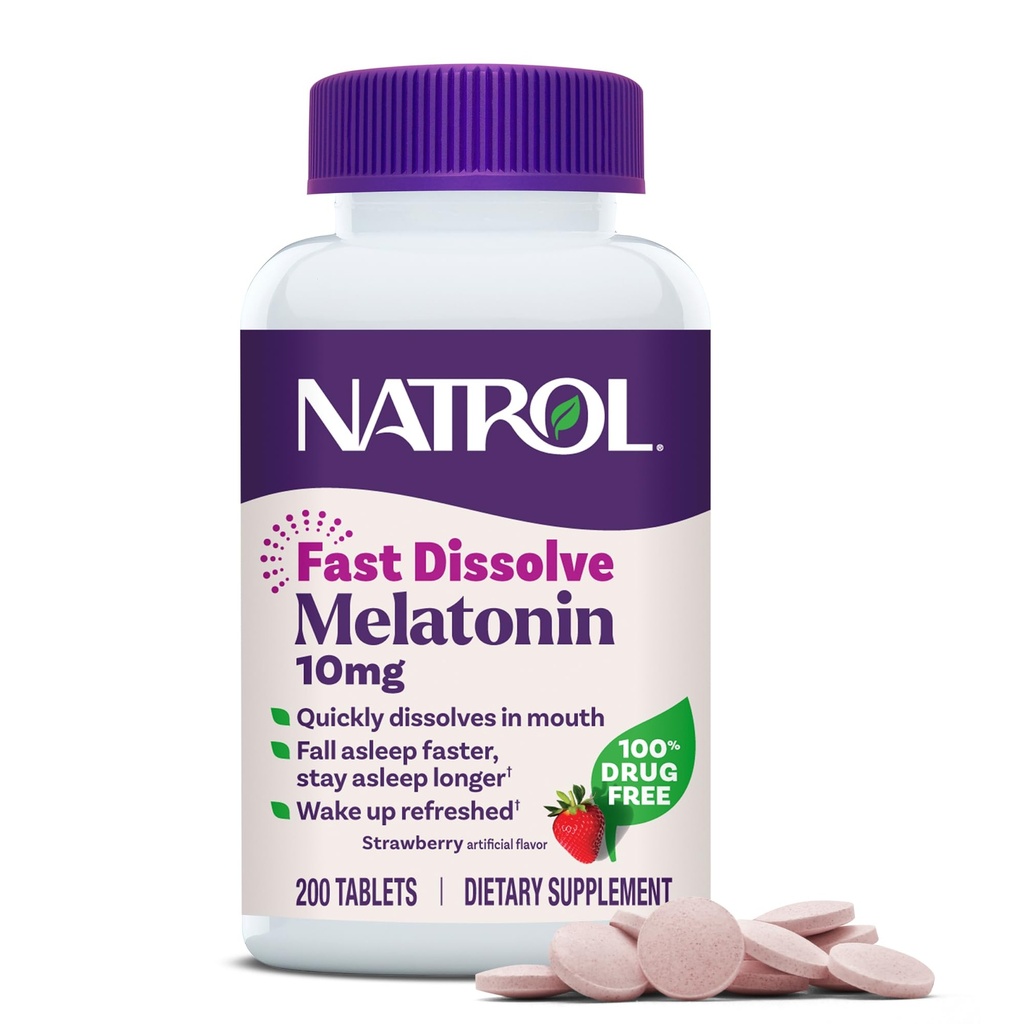 Natrol Melatonin 10mg Comprimés à dissolution rapide - Fraise, 200 Compte, Soutien du sommeil, Melatonine à dissolution rapide pour les adultes, 200 jours d'approvisionnement