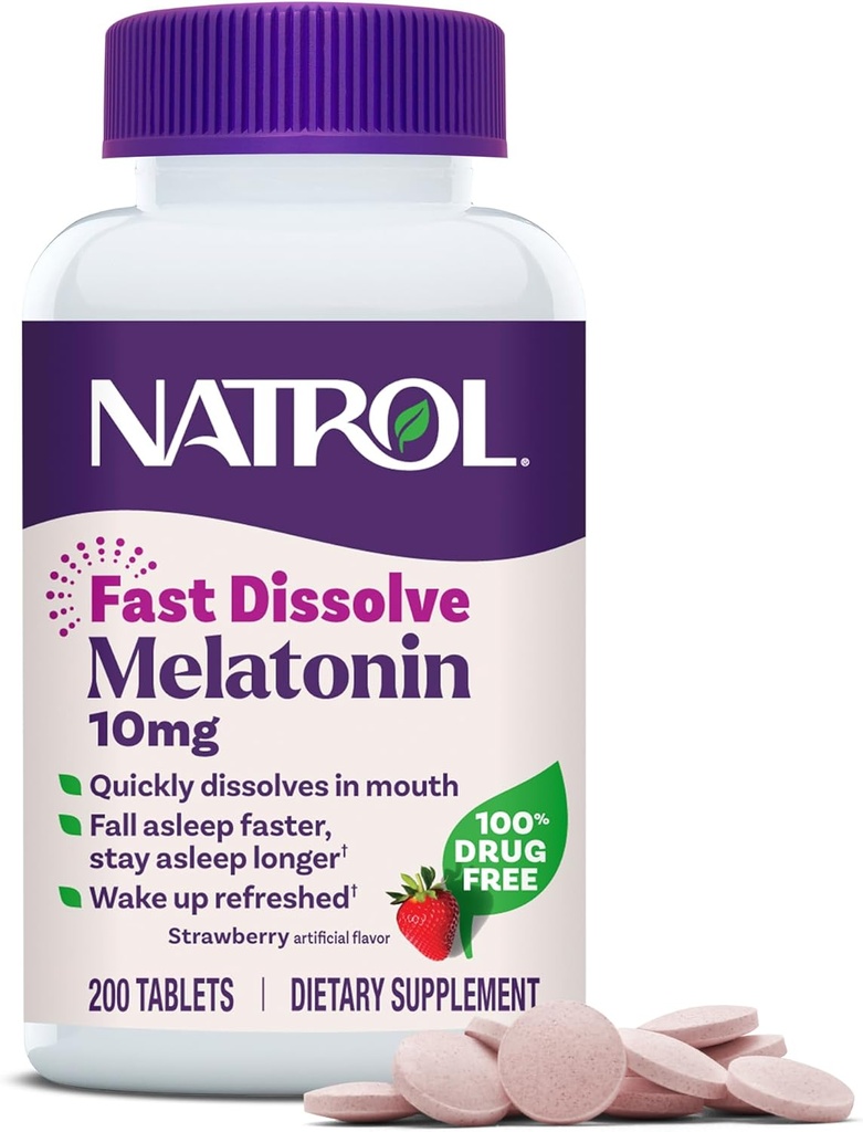 Natrol rapide Dissolve Mélatonine 10 mg, suppléments de mélatonine pour le sommeil reposant, soutien du sommeil pour les adultes, 200 comprimés aromatisés aux fraises, jusqu'à un approvisionnement de 200 jours