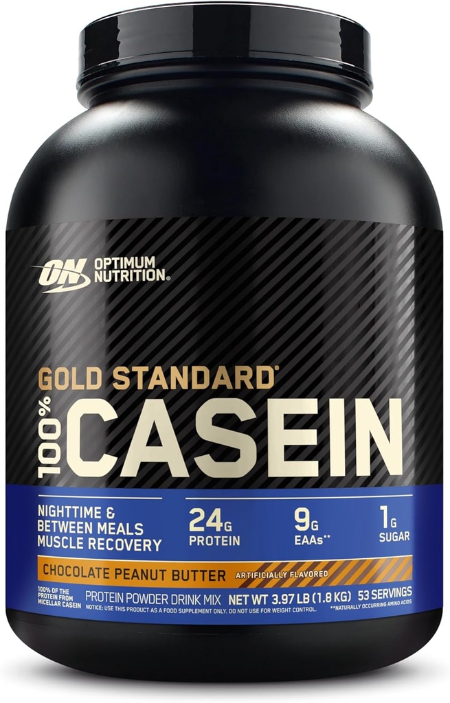 Optimum Nutrition Or Standard 100 % de poudre de protéines de caséine micellaire, Digestion lente, vous aide à garder plein, récupération musculaire nuitée, beurre d'arachide au chocolat, 4 livres (paquetage mai Vary)