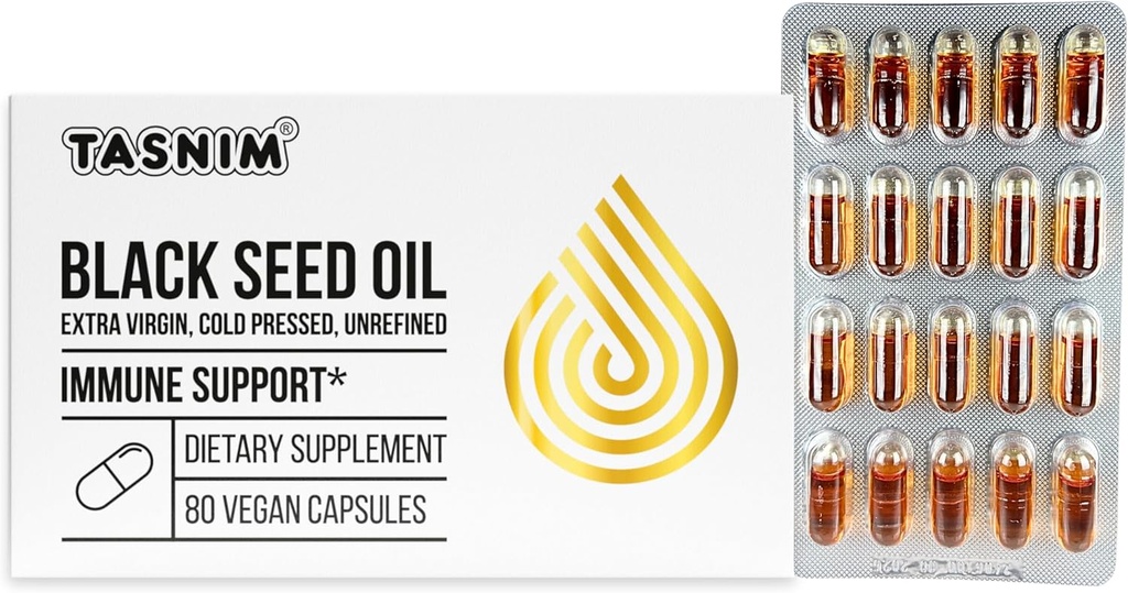 Tasnim Black Seed Oil Organic Cold Pressed Capsules 100% Pure Cold-Pressed Black Cumin Seed Oil Nigella Sativa pour le soutien immunitaire, le confort articulaire et la vitalité