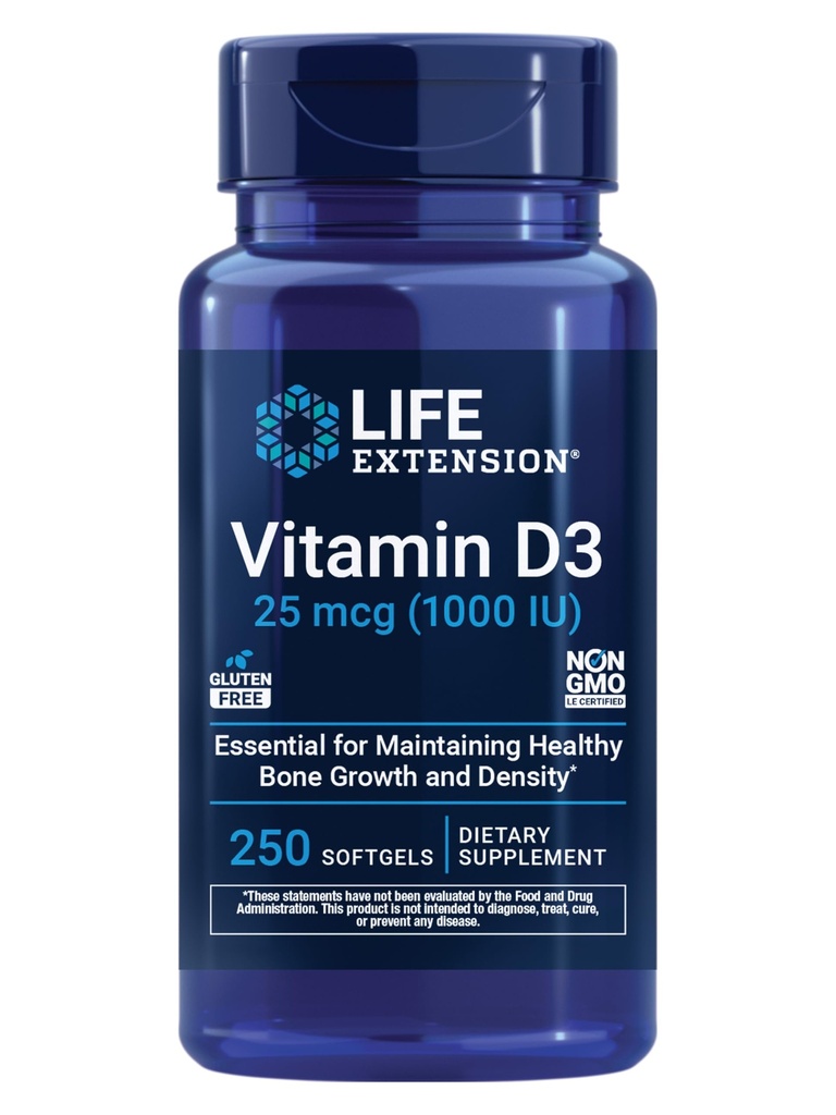 Extension de la durée de vie Vitamine D3 25 mcg (1000 UI), Soutien du système immunitaire, Santé des os, Santé du corps entier, Taille de la valeur, Sans gluten, Non-OGM, 250 softgels