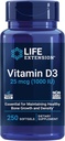 Extension de la durée de vie Vitamine D3 25 mcg (1000 UI), Soutien du système immunitaire, Santé des os, Santé du corps entier, Taille de la valeur, Sans gluten, Non-OGM, 250 softgels
