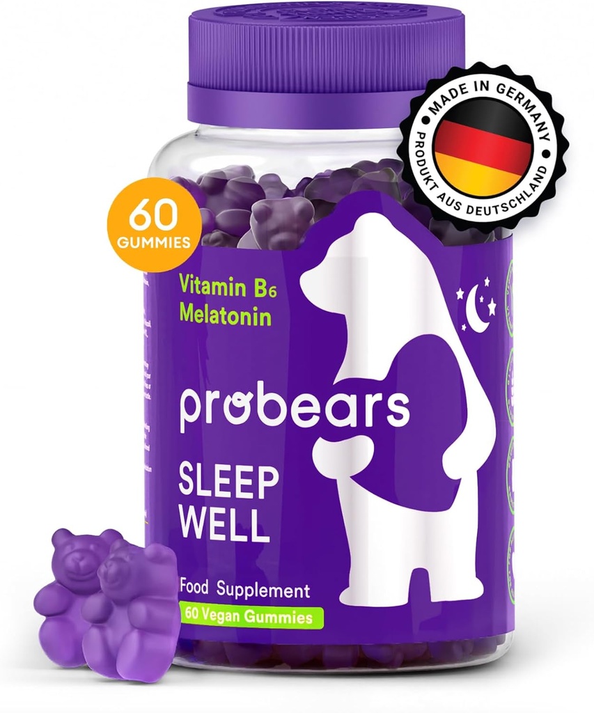 Probears® Melatonine et B6 Gommies pour enfants et adultes - Sommeil Mélatonine et B6 Vitamine pour tous les sexes Sommeil - sans gluten, sans gélatine, halal - 60 Compte