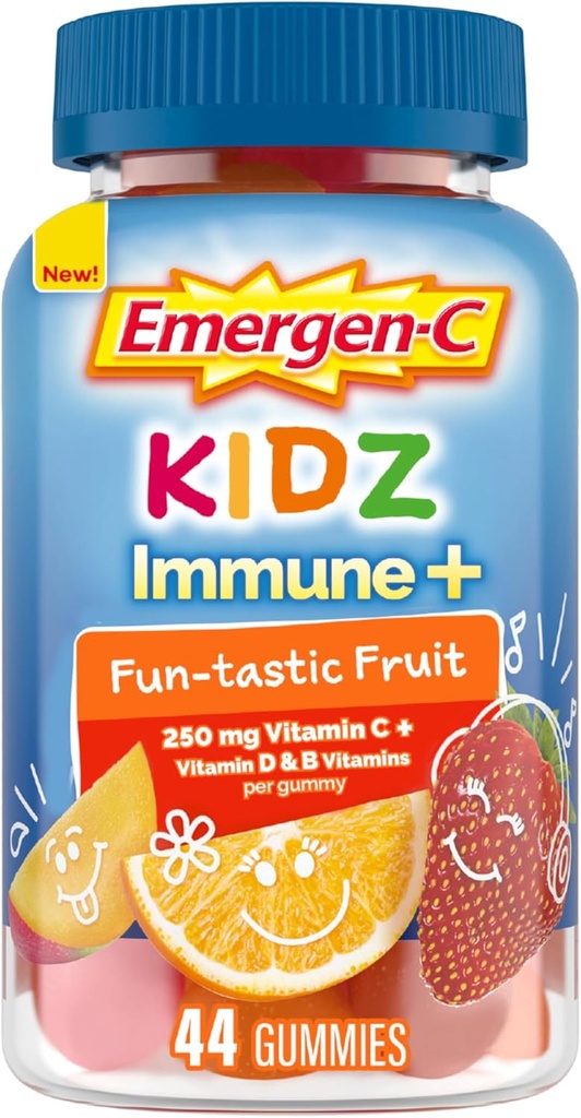 Emergen-C Kidz Vitamine C Immune Soutien Gummies Fun-Tastic Fruit 44CT comprend le zinc, le manganèse, les vitamines B et la vitamine D pour les essentiels de retour à l'école