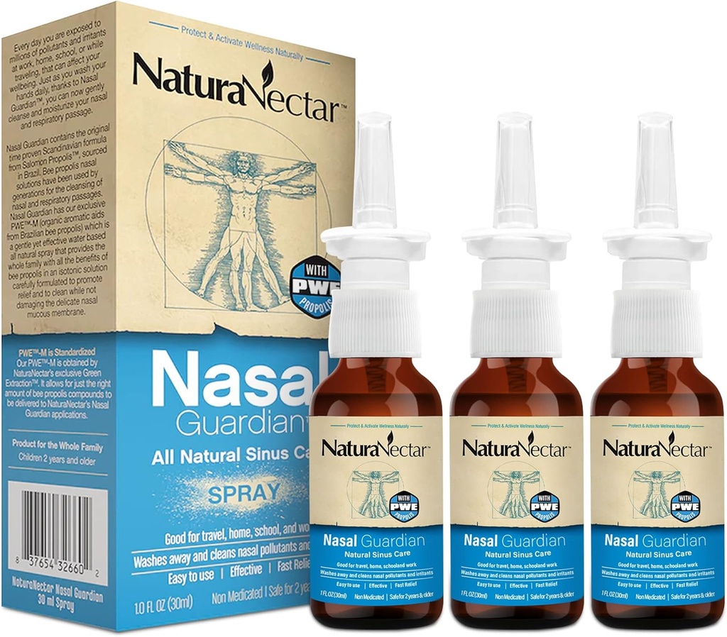 NaturaNectar Bee Propolis Nasal Spray Saline Sinus Rinse & Relief | Pure Brazilian Propolis & Ingredients | Gentle & No Burning Sensation | Nasal Guardian | Ethical Beekeeping | 1 FL Oz | 3 Pack