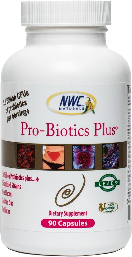 NWC Naturals Pro-Biotics Plus, Probiotiques naturels pour les hommes, les femmes et les enfants, Supplément végétarien de soutien du système immunitaire, soutient une bonne santé digestive, probiotique et prébiotique, 90 capsules