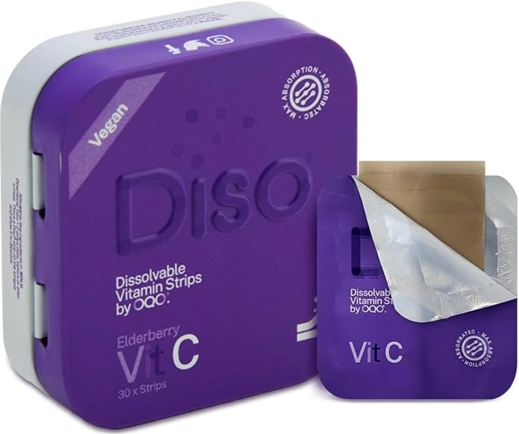 DISO - Vitamin C - Fast-Dissolving Oral Strips, Elderberry Flavor, Boosts Immunity, Vegan, Zero Sugar, Maximum Absorption, Gluten Free, Individually Wrapped, 30 Dissolvable Strips