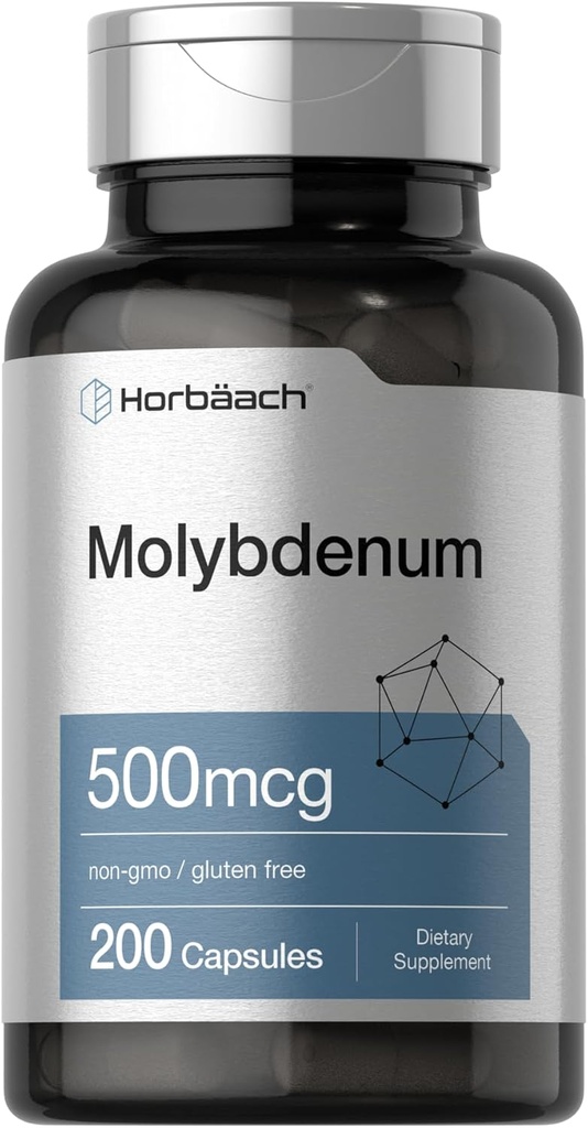 Supplément de molybdène Horbaach : 500 mcg 200 Capsules de chélate d'acide amino, sans OGM, sans gluten
