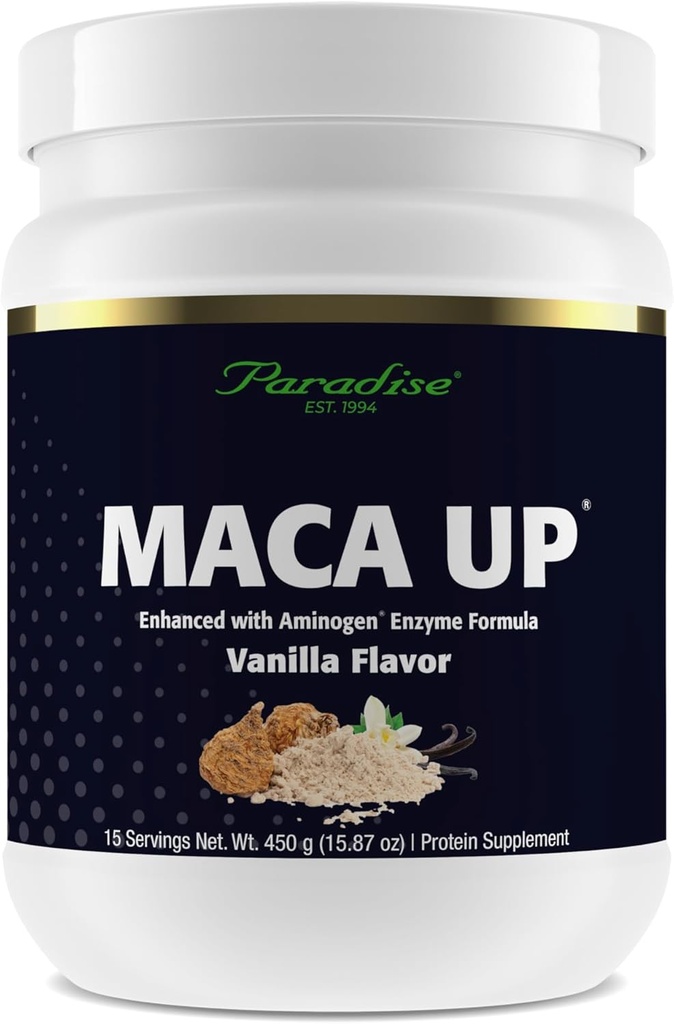 Paradise Herbs Maca Up Vanilla Vegan Protein Powder, Organic Pea & Brown Rice, Maca Root, Aminogen Digestive Enzyme Blend, Nutrim Oat Bran Fiber, 15 Servings, 450 g