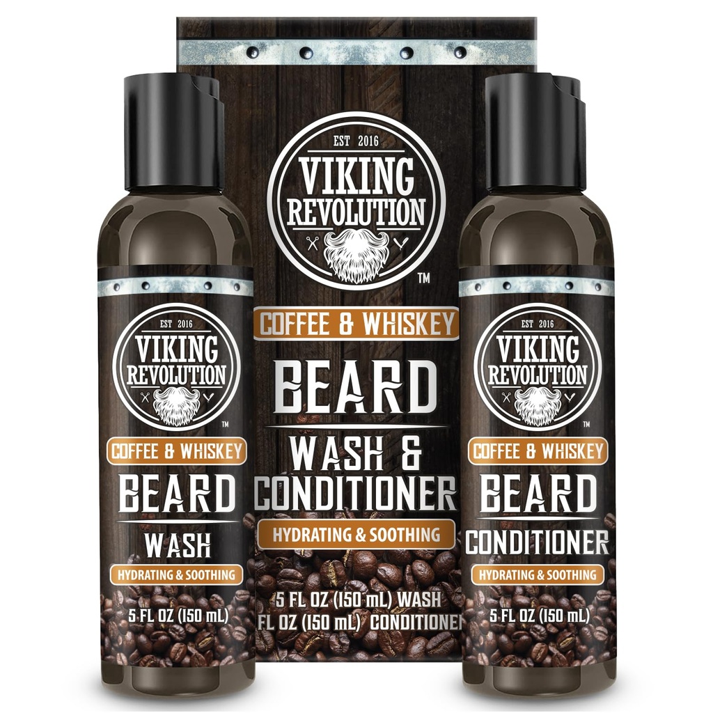 Laver la barbe viking révolutionnaire et conditionneur de barbe pour les hommes avec huile d'argan et huile de jojoba assouplissant et fortifiant soin de la barbe Shampooing et conditionneur avec racine de ginseng(5oz, Whiskey café)