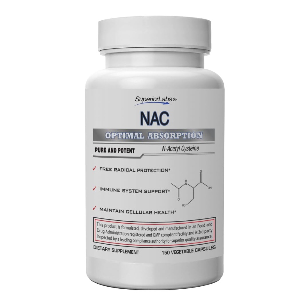 Superior Labs NAC (N-acétyl Cysteine) 1 200 mg, 150 capsules végétales, supplément alimentaire avec sélénium, protection radicale gratuite, fonction du système immunitaire normal, maintien de la santé cellulaire