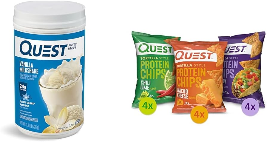 Quest Protein Powder & Chips Bundle - Vanilla Milkshake Powder (24g Protein, 1.6lb) + Tortilla Chips Variety Pack (12ct)