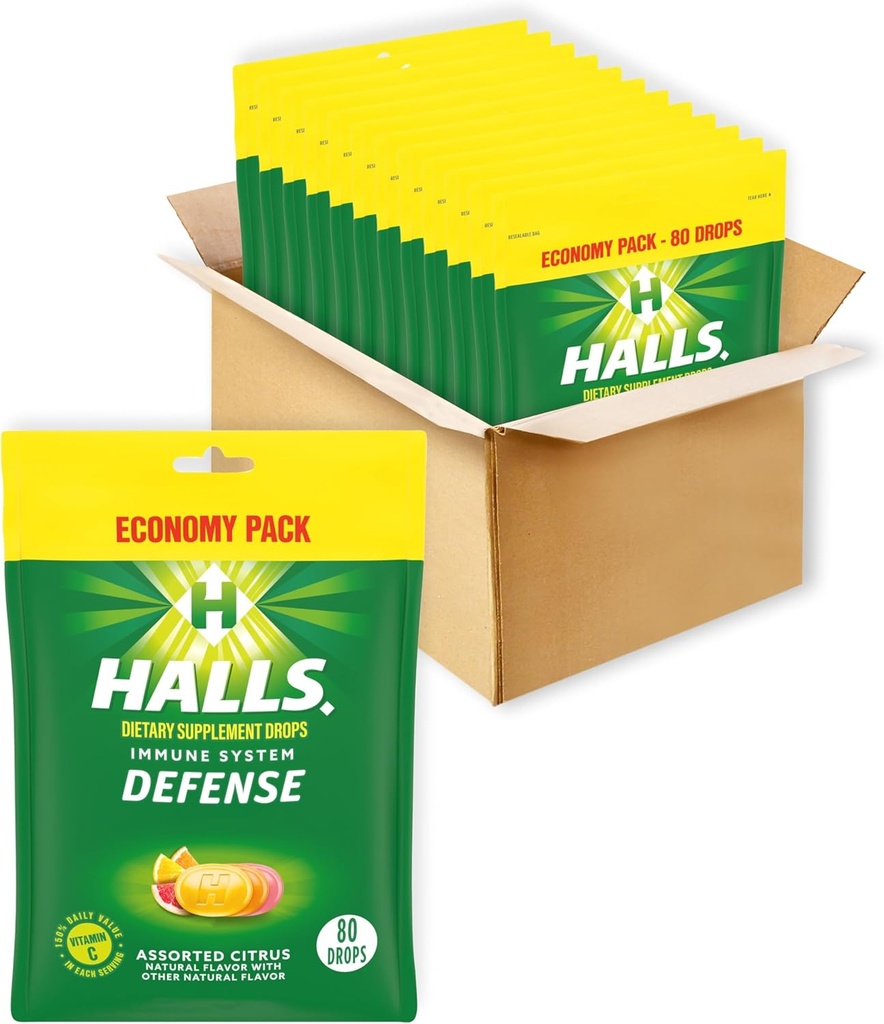 HALLS Defense Assortiment d'agrumes Vitamine C gouttes, suppléments alimentaires gouttes, pack économique, 12 sacs (960 gouttes totales)