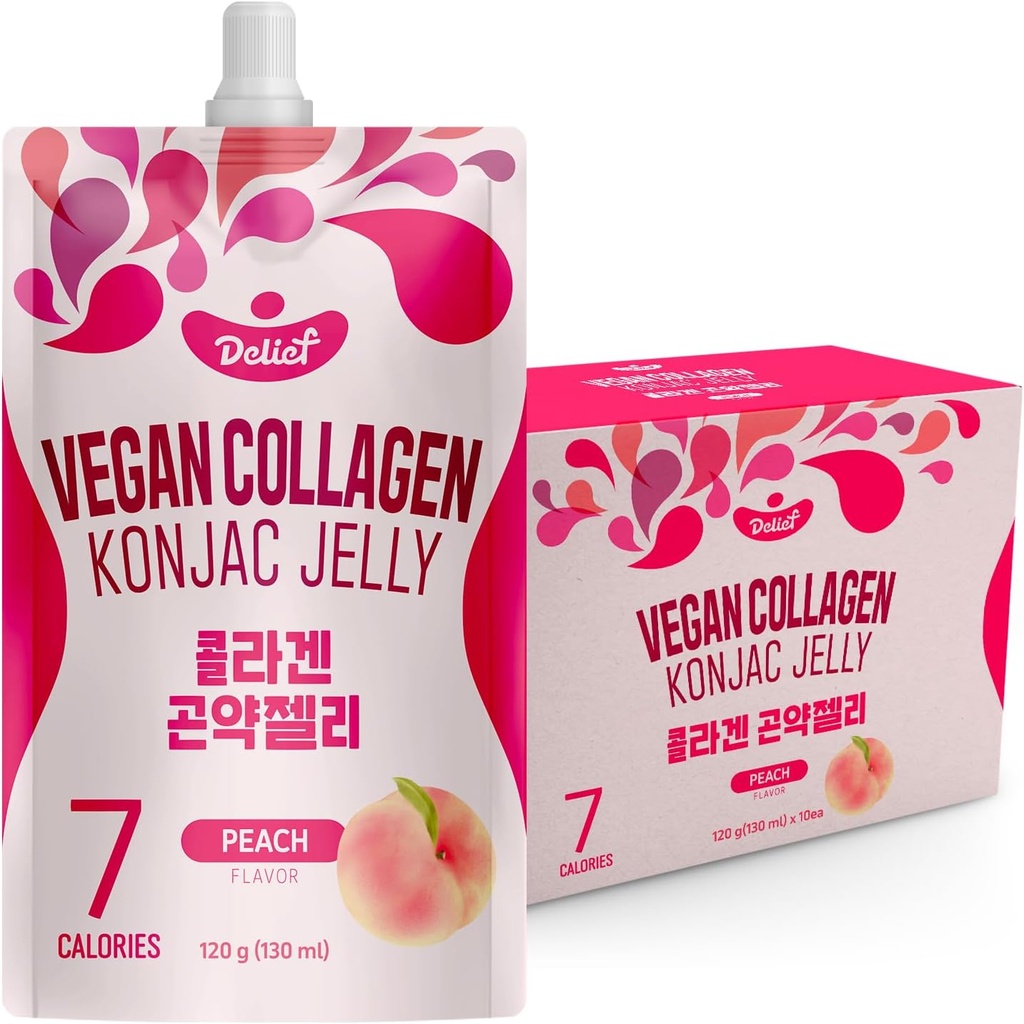 Collagène végétalien Konjac Jelly (Peach Flavor) 120g x 10 paquets – Gel de fruits à faible teneur en calories Snack, sans gluten, base végétale, 7 kcal par poche