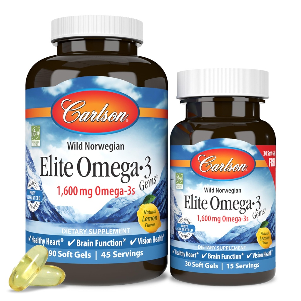 Carlson - Elite Omega-3 Gems,1600 mg Omega-3 Acides gras incluant EPA et DHA,Norwegian, Supplément d'huile de poisson sauvage, Capsules d'origine durable, Citron, 90+30 Softgels
