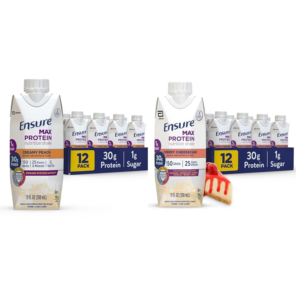 Assurez-vous que Max Protein Nutrition Shake avec 30g de protéines, 1g de sucre, haute protéinité Shake, crème de pêche et cerise Cheesecake Variety Pack, 11 fl oz, Pack de 12