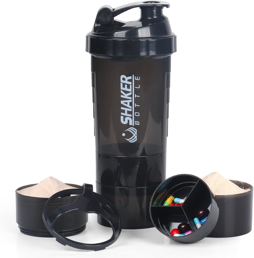 Bouteille de Shaker VECH pour les mélanges de protéines Workout Shaker fuite preuve bouteille d'eau non glissade 3 couches Twist Off 3 OZ avec bac à pilules pour le stockage bouteille de poudre de protéines 16 OZ Shake Cup (Noir)