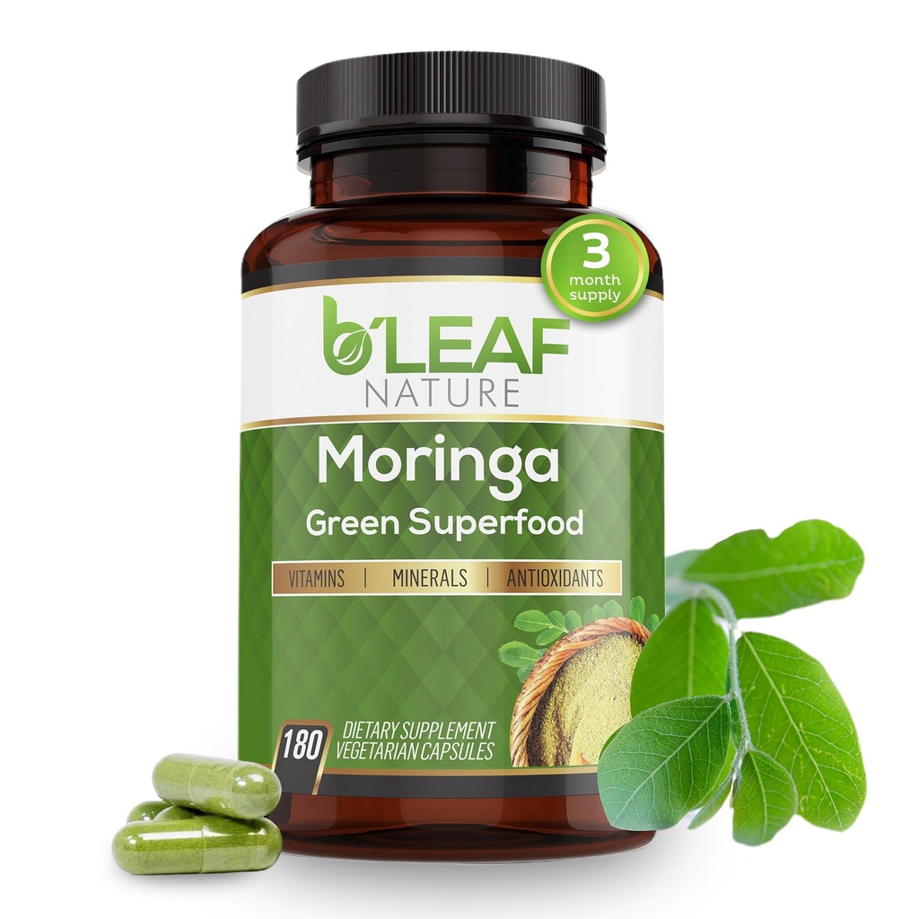 B'LEAF NATURE Capsules de Moringa Bio 1000mg, 180 Compte – Capsules de Moringa avec Poudre d'Olefeira Organique pour le Soutien Immuni, l'Énergie et l'Équilibre – Vegan, Suppléments non OGM pour le Bien-être quotidien