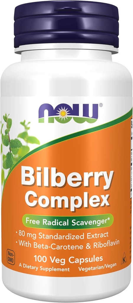 NOW Foods Supplements, Bilberry (Vaccinium myrtillus)Complex 80 mg with Beta-Carotene & Riboflavin, 100 Veg Capsules