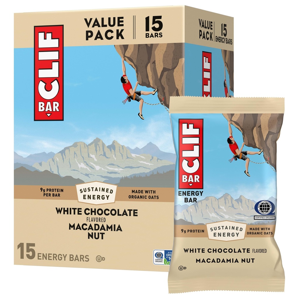 BAR CLIF - Barres de protéines énergétiques - Noix de macadamia au chocolat blanc - Fabriqué avec de l'avoine biologique - Barres énergétiques - Non-OGM - (15 Pack)