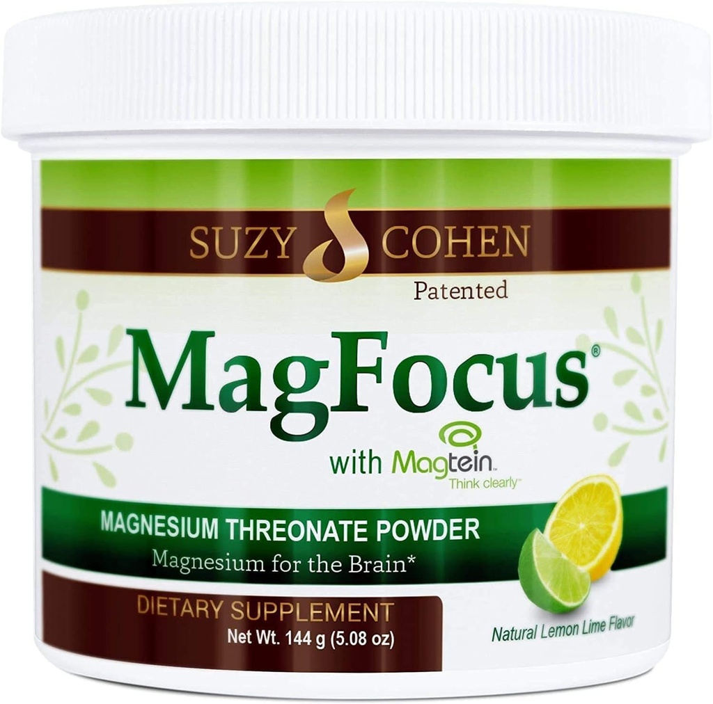 Suzy Cohen MagFocus Magnésium Thréonate poudre supplément diététique 200mg, Nerve en santé, Cognition de soutien, énergie, santé osseuse, Stevia, Lemon Flavor, 60 portions