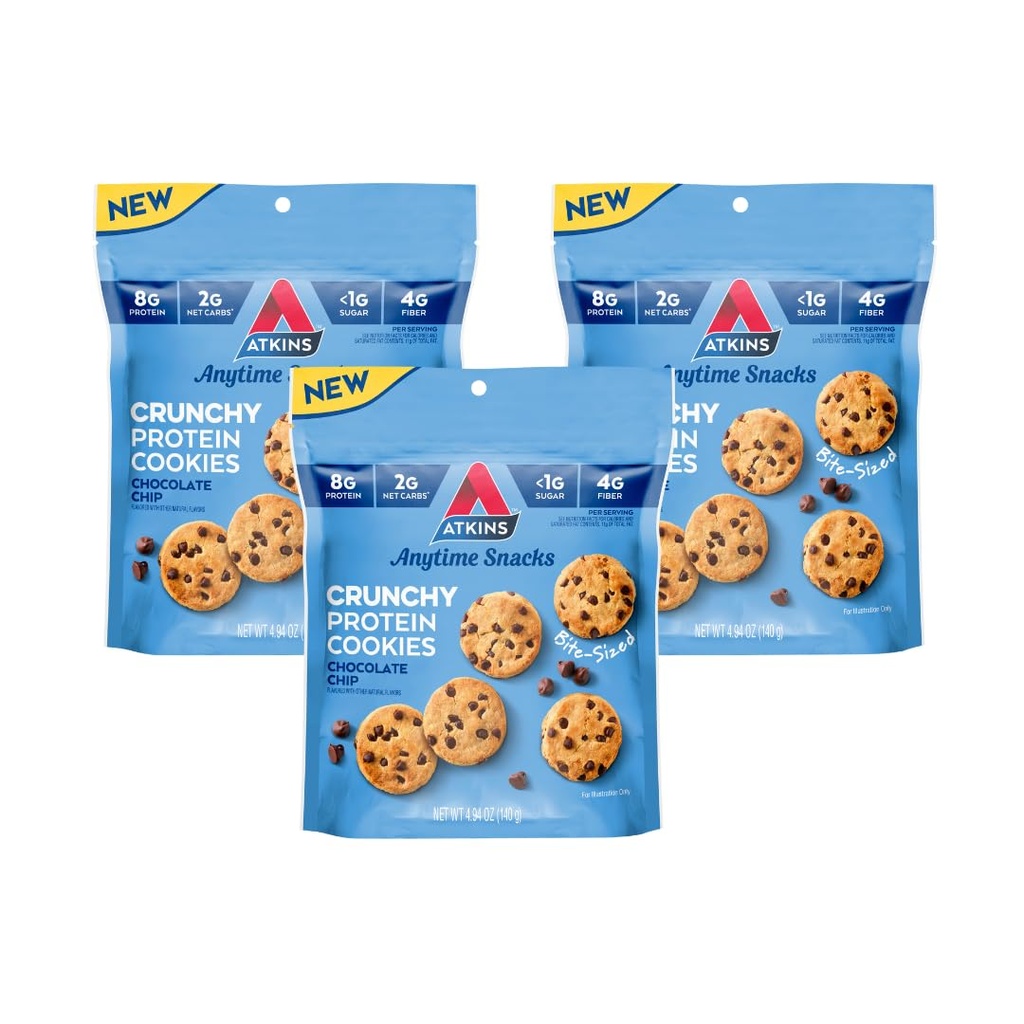 Biscuits de protéines croustillantes, croustilles de chocolat, 8g de protéines, 4g de fibre, 1g de carbure net, 1g de sucre, Keto Friendly, 3 sacs (5 portions par sac)