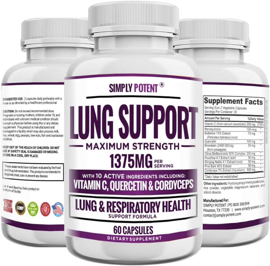 Lung Support Supplement for Lung Cleanse & Detox, Comprehensive Formula - Quercetin with Bromelain Nettle Vitamin C K2 & 500 mg Cordyceps for Lung Health, Respiratory & Bronchial Support, 60 Capsules