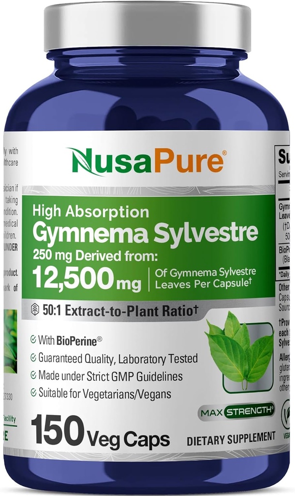 NusaPure Gymnema Sylvestre 50:1 Extrait, 250 mg Équivalent à 12 500mg par bouchon végétalien - 150 Nombre (non-OGM, végétalien, biopérine)