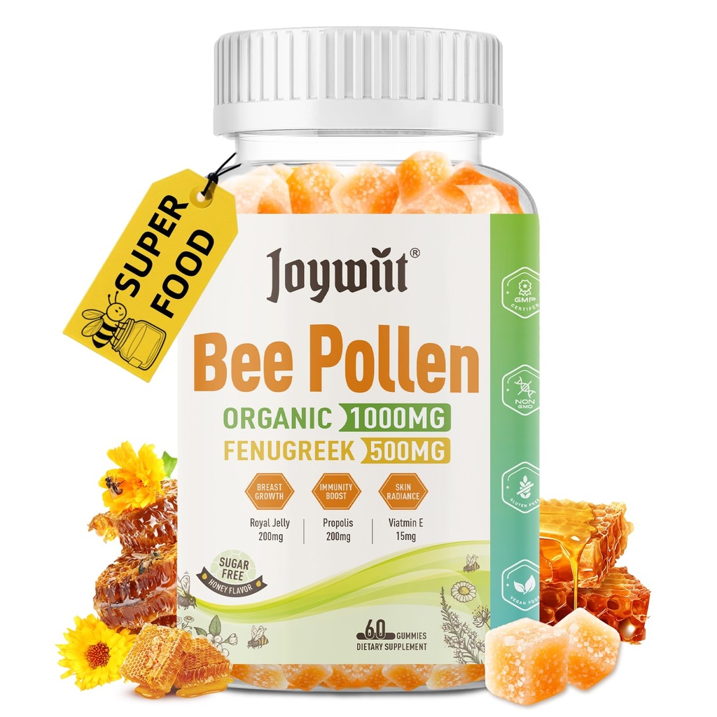 Goumettes sans sucre, sans sucre 1000mg, avec/fenugrec, gelée royale, propolis, supplément bio de pollen d'abeille pour les femmes, riche en vitamine E, immunité et soins de la peau, 60 comtes