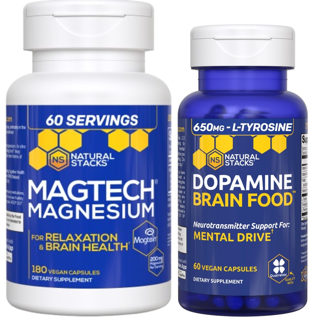 NATURAL STACKS Dopamine Brain Food + Magtech Magnesium Supplement Bundle - Supports Focus, Relaxation & Memory* - 240 Total Capsules