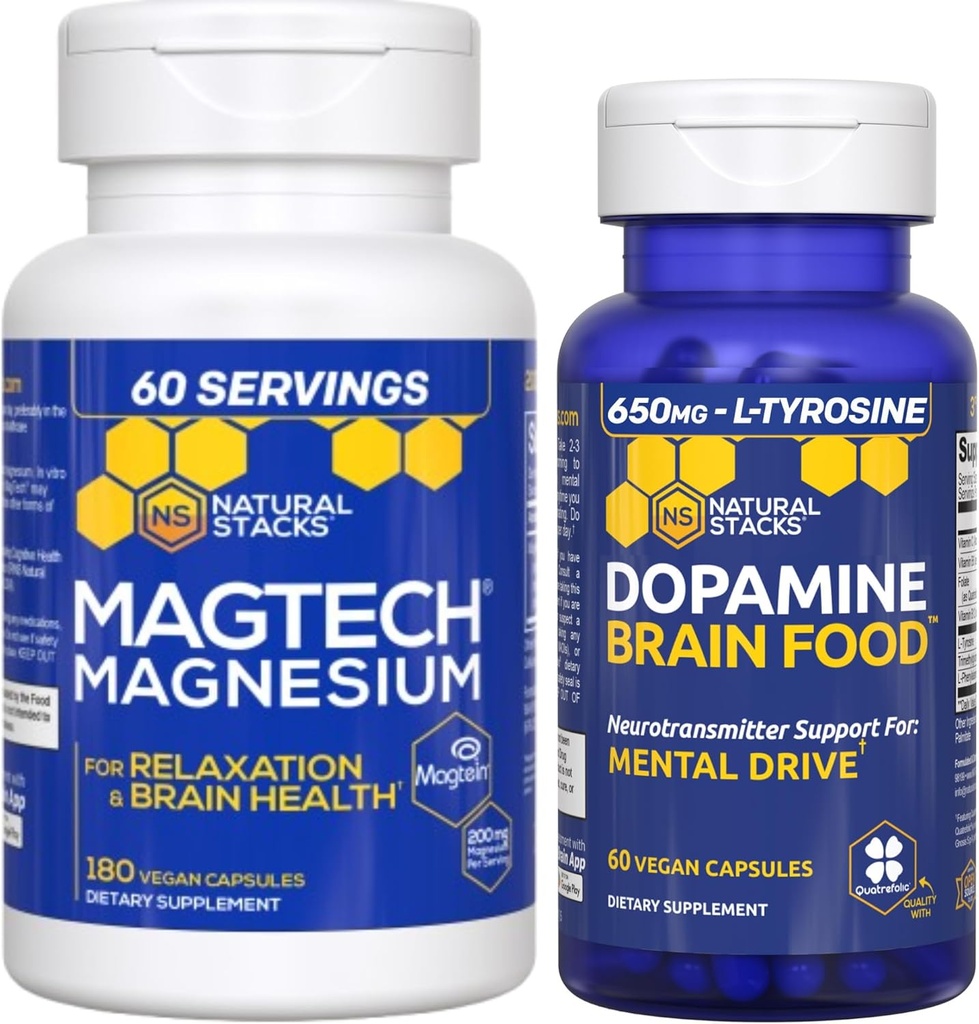 STACKS NATURELS Dopamine Cerveau Food + Magtech Supplément Magnésium Bundle - Supports Focus, Relaxation & Mémoire* - 240 Capsules Total