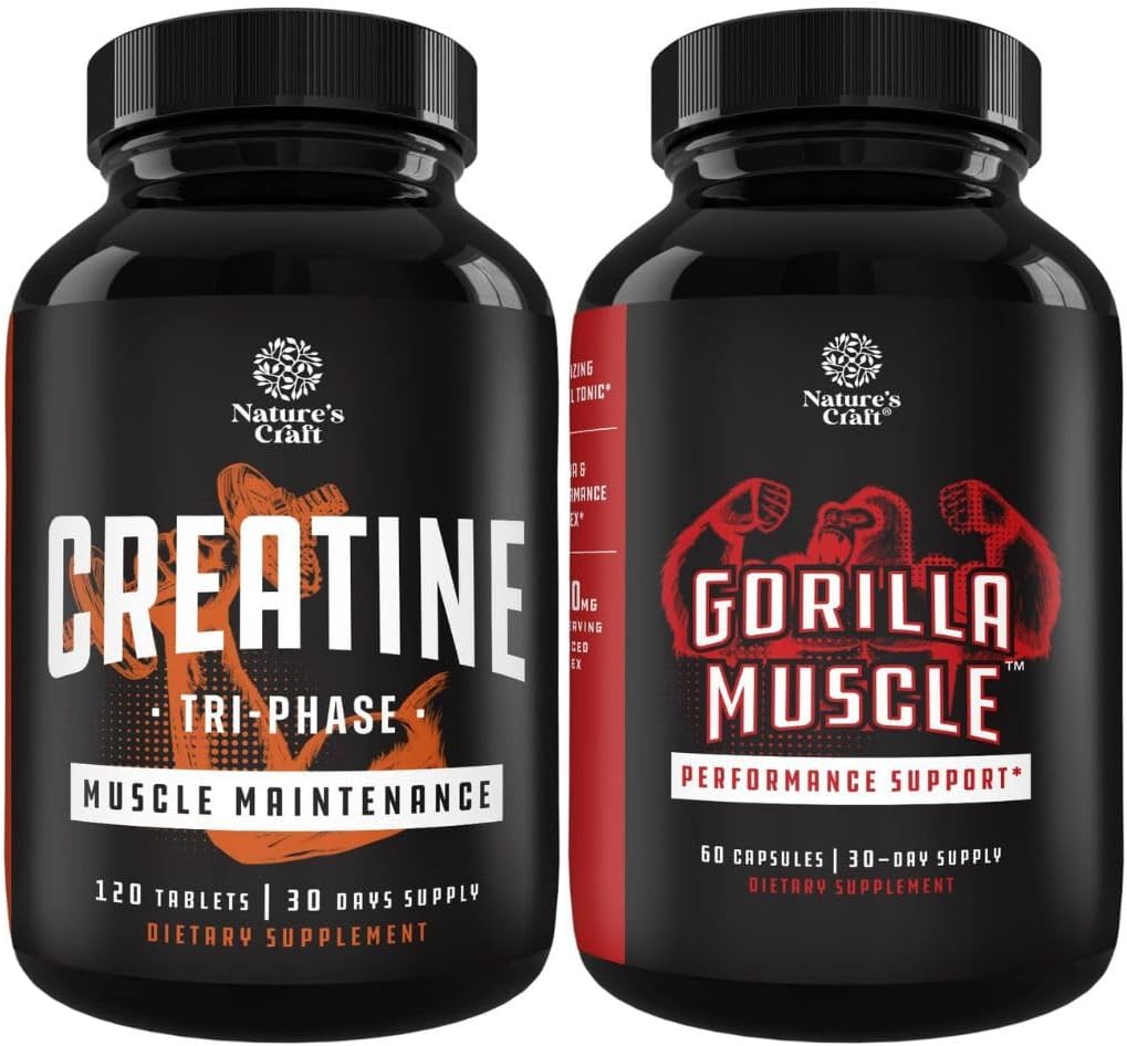 Bundle of Tri Phase Creatine Pills 5g and Extra Strength Test Booster for Men - Muscle Mass Gainer and Muscle Recovery Creatine HCL Pyruvate - Natural Energy Supplement with Horny Goat Weed