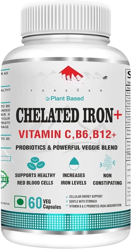 Forever Chelated Iron Folic Acid with VIT.C, with probiotics, VIT. B6, VIT.B9, VIT. B12- Veg Tablets Tablets, 60