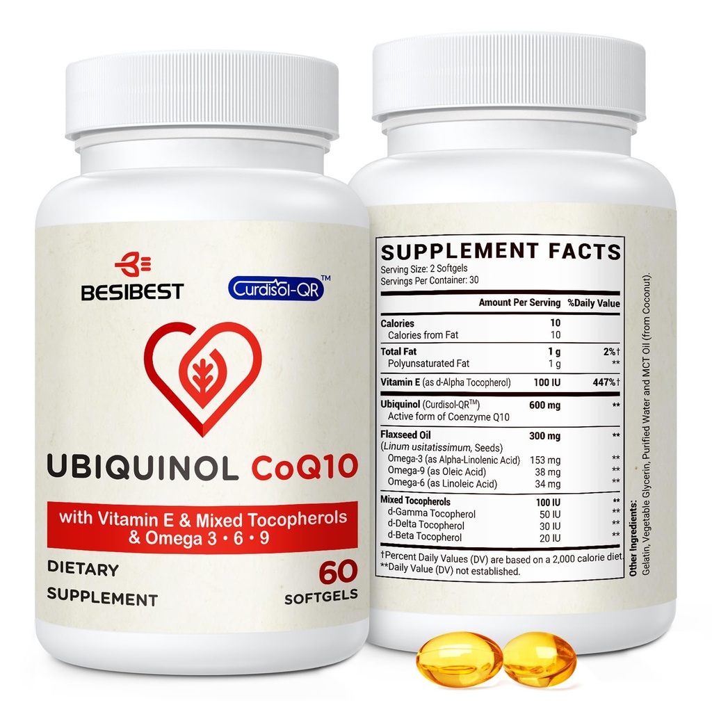 Besibest Ubiquinol CoQ10-600mg-Softgel, supplément actif d'Ubiquinol Coq10 avec vitamine E et oméga 3, 6, 9, haute absorption-Coenzyme-Q10, puissant antioxydant pour la production d'énergie, testé, 60 Compte