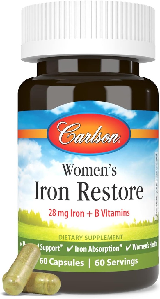 Carlson - Women's Iron Restore, 28 mg Iron + B Vitamins, Menstrual Support, Iron Absorption & Women's Health, 60 Capsules
