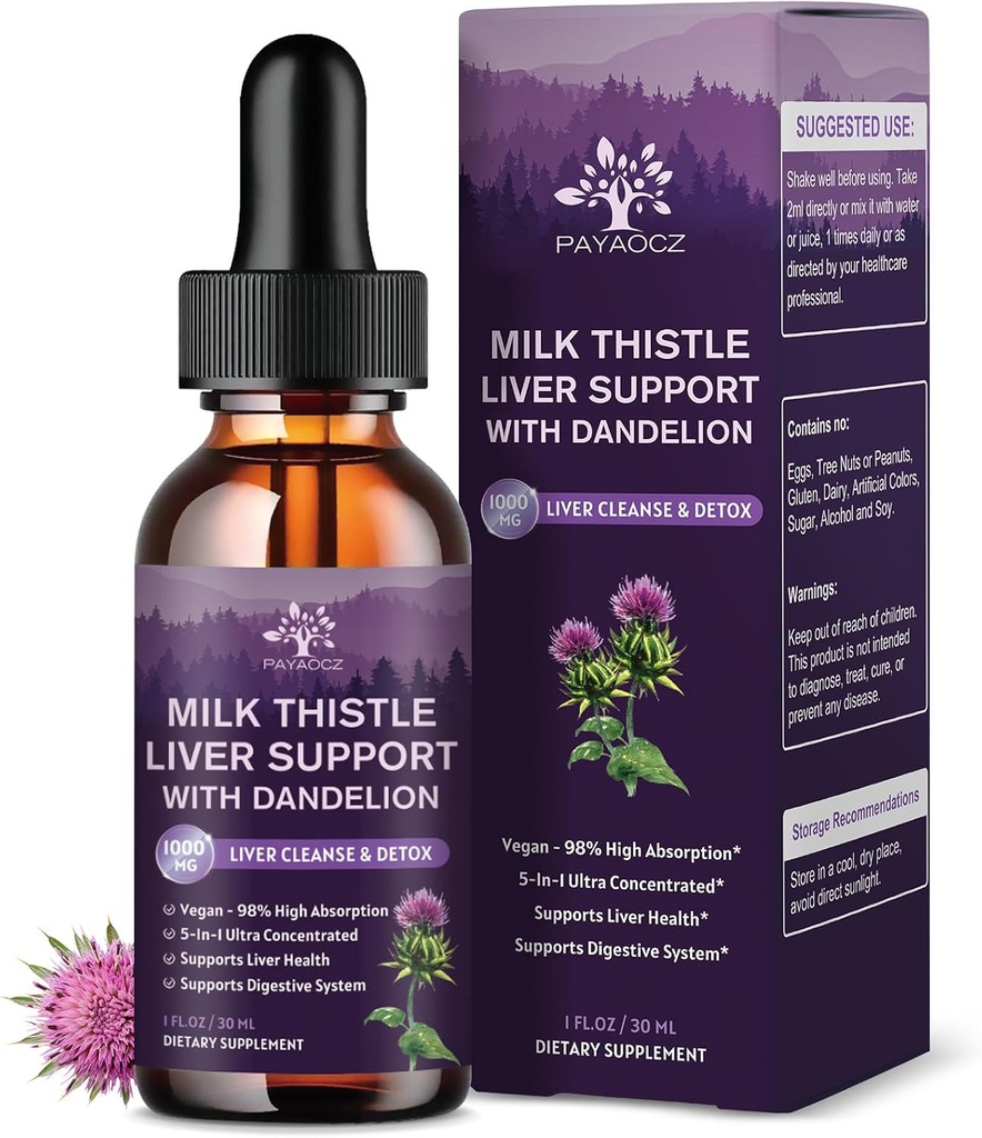 (2 Pack) Milk Thistle Liquid Drops Silymarin 1000mg, Liver Supplement Detox & Cleanse with Dandelion & Artichoke, Milk Thistle Organic Extract for Support Repair Liver Health, Vegan, Non-GMO, 1 Fl Oz