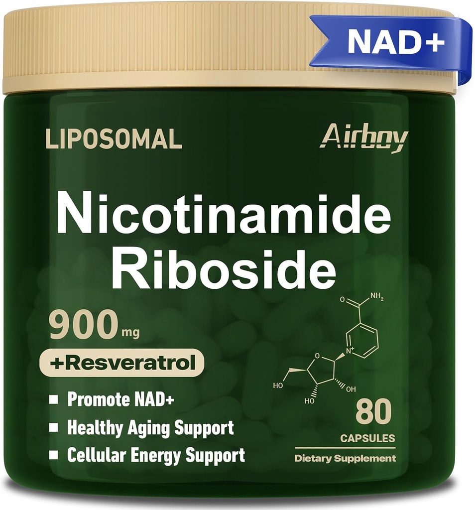Airboy Liposomal Nicotinamide Riboside 900 mg, supplément NAD avec resvératrol & Quercetin, tiers testé, anti-âge, énergie, focus- 80 Compte