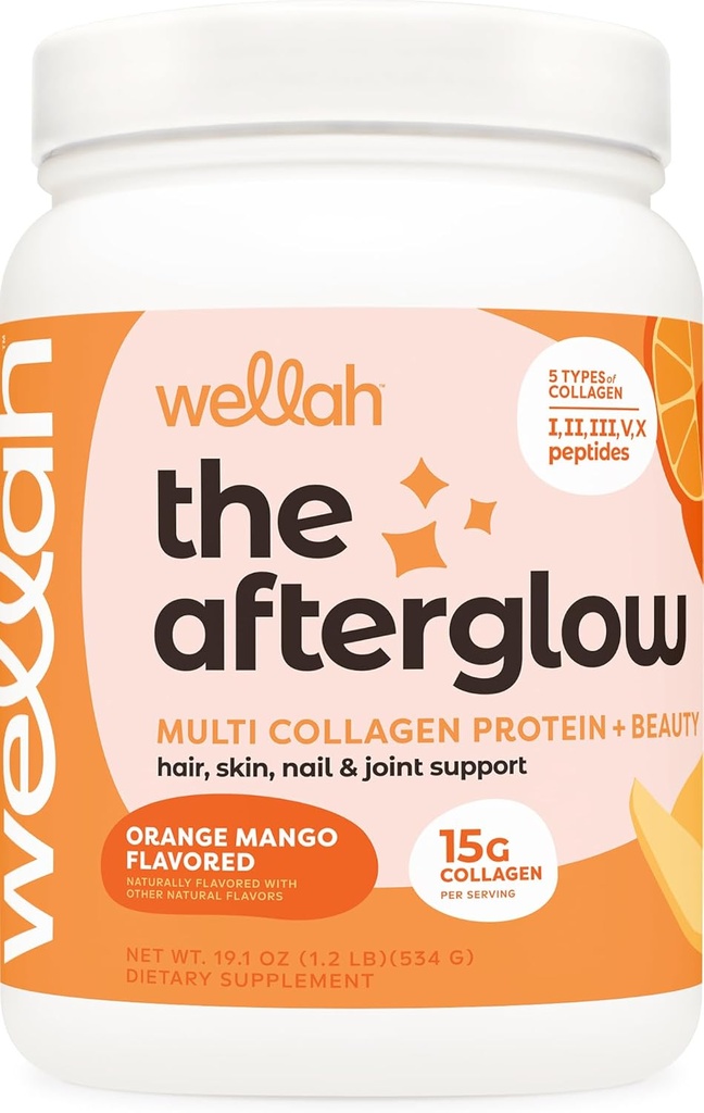Wellah The Afterglow Multi Collagen Protein + Beauty (30 portions, mangue orange) - Cheveux, peau, ongles et soutien articulaire - Non-OGM et sans gluten