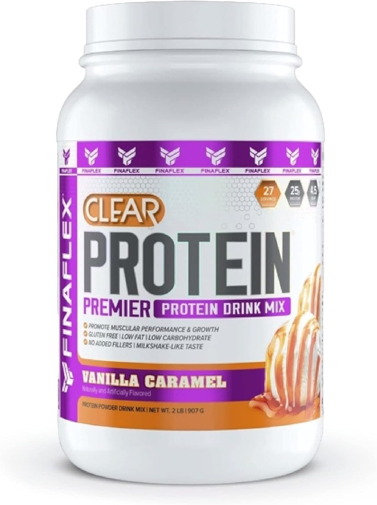 FINAFLEX Protéines claires, caramel de vanille - 2 lb - Promotion de la performance musculaire et de la croissance - goût comme le lait - faible teneur en glucides, faible teneur en gras et sans gluten - 27 portions