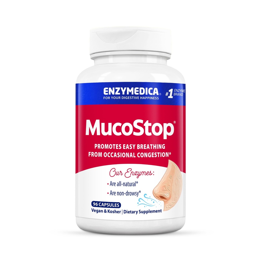 Enzymedica, MucoStop, supplément enzymatique naturel, soulage la congestion saisonnière ou occasionnelle, soutient la respiration facile, 96 Compte