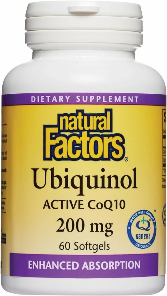 Facteurs naturels Ubiquinol 200 mg - soutient la santé cardiaque et la vitalité naturelle - Supplément de soutien antioxydant avec absorption supérieure - Soutien énergétique avec huile de lin - 60 Softgels (60 portions)