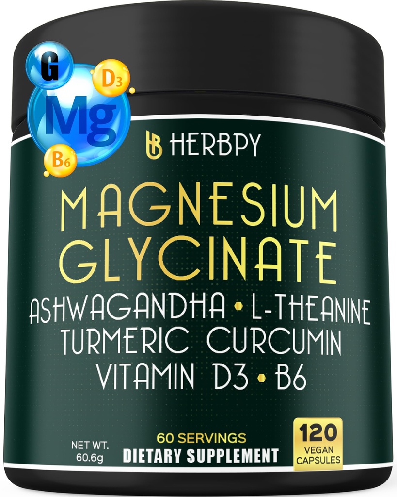 6in1 Restful Day and Night Complement with Magnésium Glycinate, Vitamine D3, B6, L-Theanine, Ashwagandha and Turmeric Root - Soutien de santé cérébrale, cardiaque et digestif - 120 Capsules Vegan