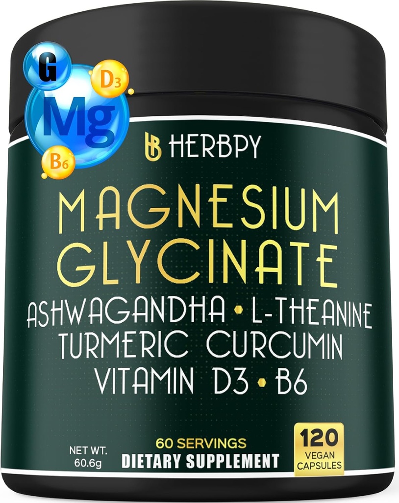 6in1 Restful Day and Night Complement with Magnésium Glycinate, Vitamine D3, B6, L-Theanine, Ashwagandha and Turmeric Root - Soutien de santé cérébrale, cardiaque et digestif - 120 Capsules Vegan